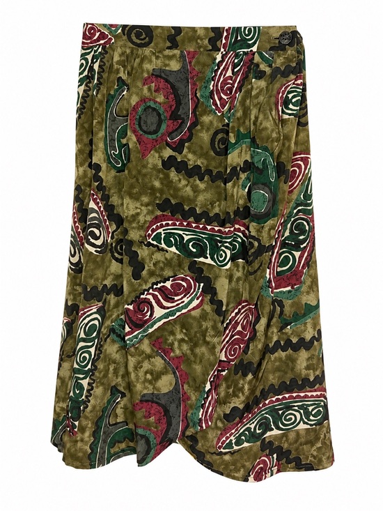 Jaeger Dresses & Skirts - Vintage Jaeger - Printed Olive Wrap Green Midi Skirt with Abstract